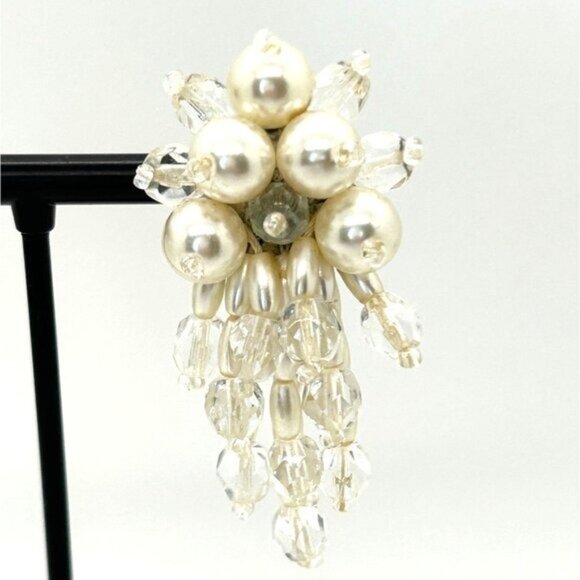 Vintage Clip-On Earrings Faux Pearls & Beaded Bridal Prom Formal Jewelry - Picture 15 of 16